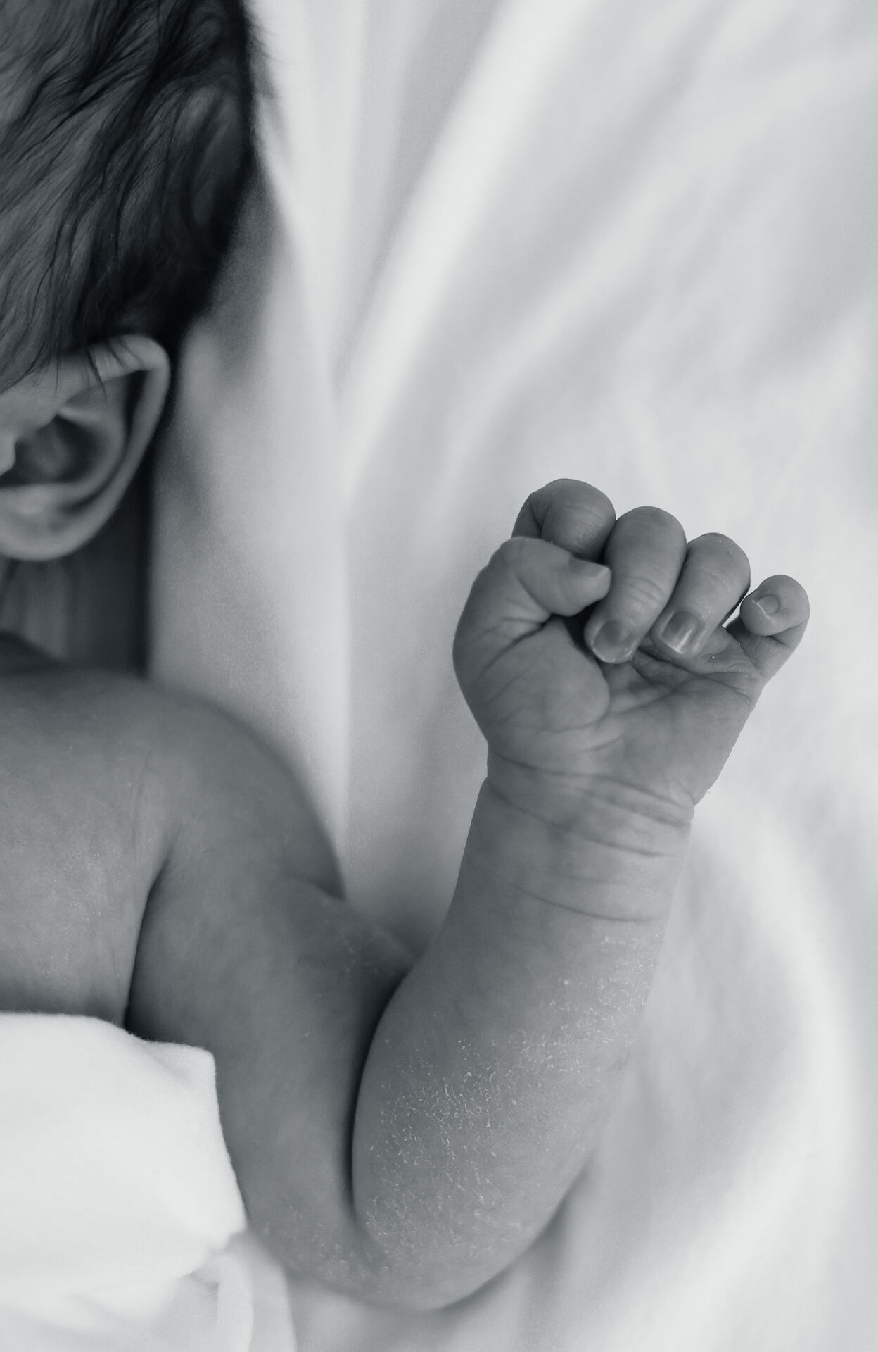 Close-up of newborn raised hand and fist, black and white